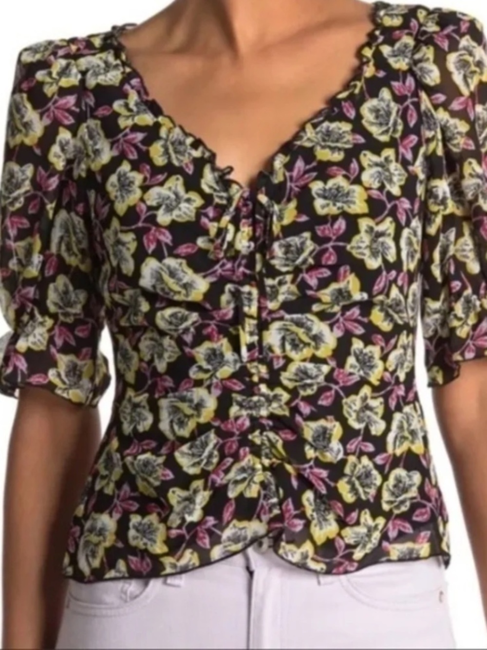 Cinq à Sept Kimberly Floral Ruffle Ruched V-Neck Puff Sleeve Top Black S